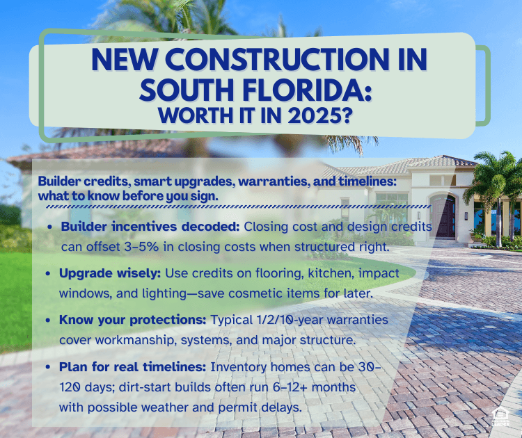 South Florida new construction 2025 infographic showing builder credits, smart upgrades, warranty coverage, and realistic construction timelines for Broward and Miami‑Dade buyers