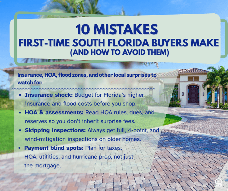 Home Infographic listing key first-time buyer mistakes in South Florida—underestimating insurance, ignoring HOA and flood risk, waiving inspections, and misjudging true monthly costs—with tips to avoid each one