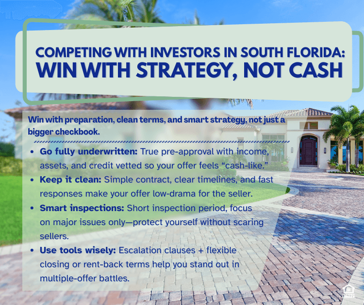 Home Infographic for South Florida first-time buyers showing how to compete with investors and cash offers using fully underwritten pre-approval, clean contract terms, smart inspections, and escalation clauses