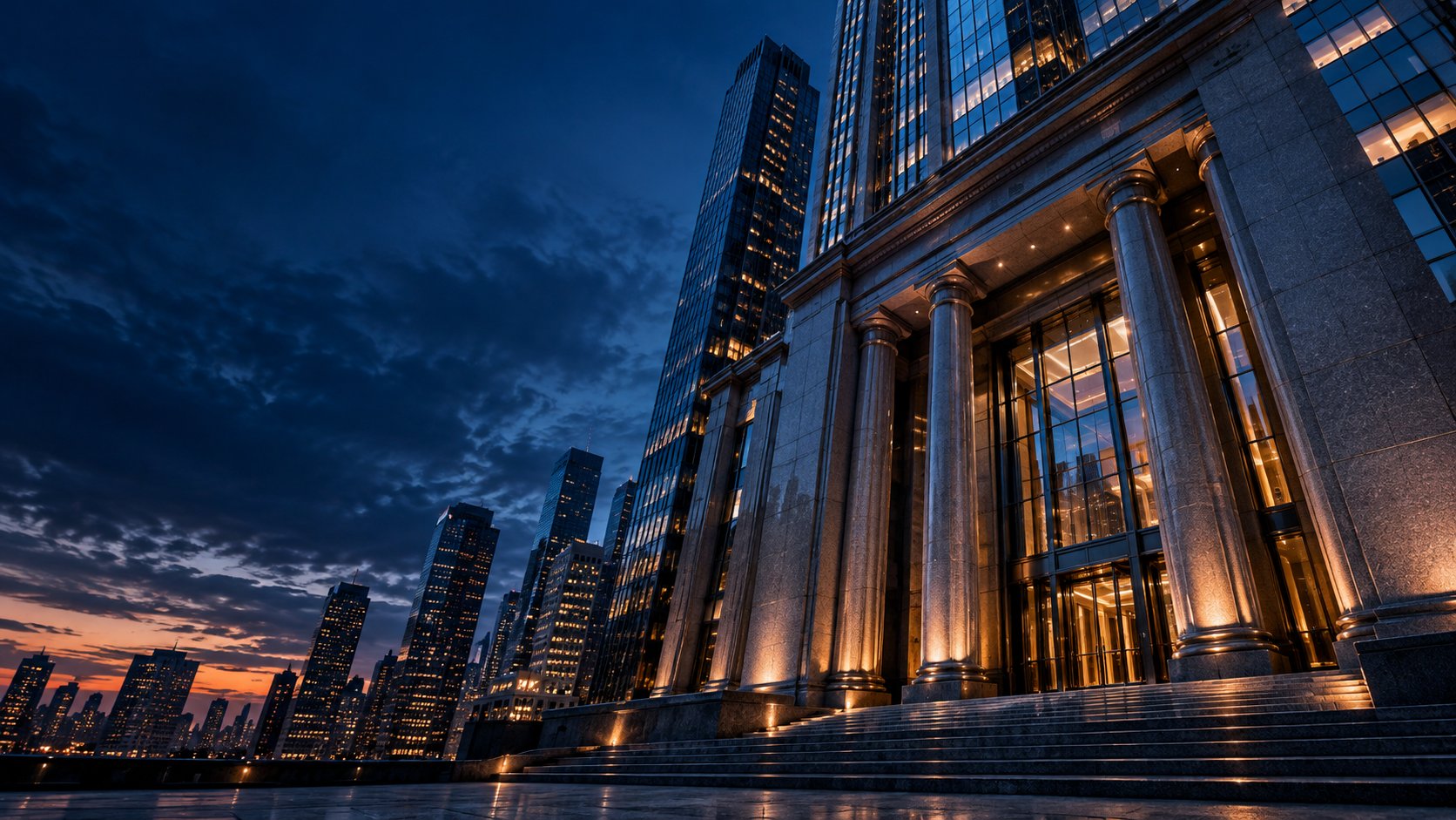 Illustrative generic bank building at dusk