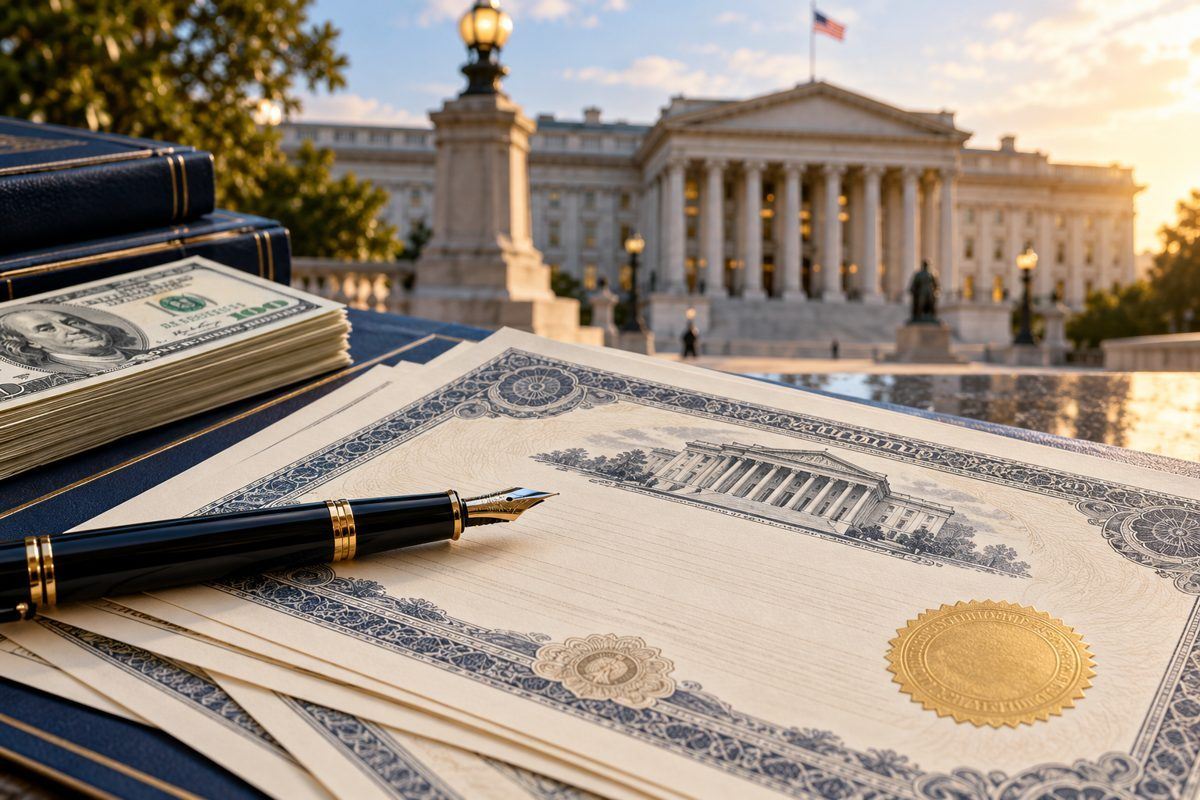 Conceptual Treasury debt certificates and dollars with the Treasury building behind them.