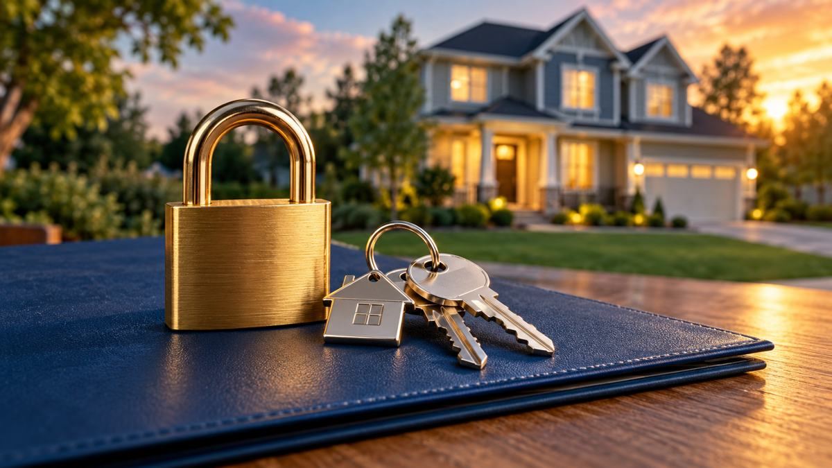 Brass padlock and house keys beside a mortgage folder