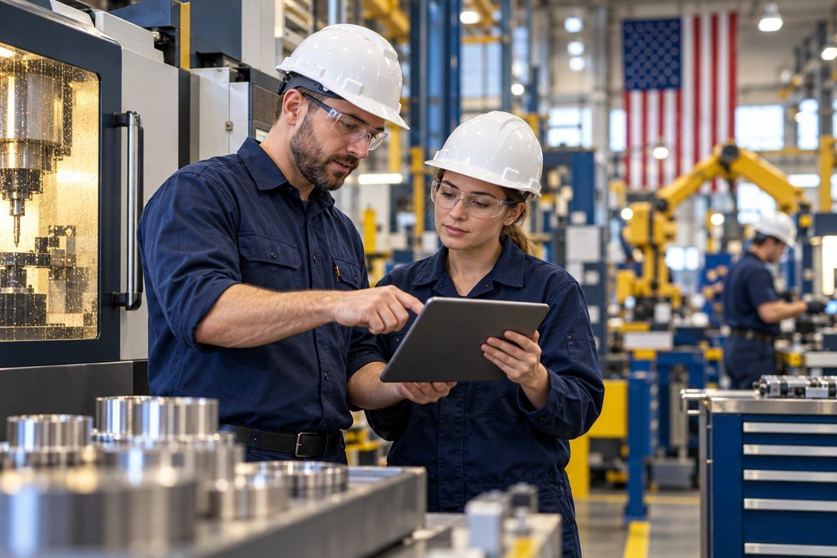 Factory employees reviewing work on a tablet, illustrating private-sector employment.