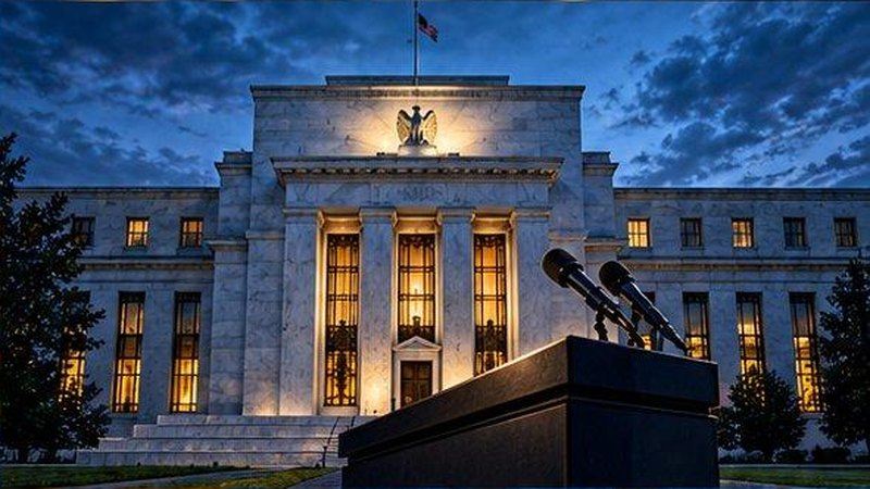 Federal Reserve building with press podium: Fed decision Wednesday