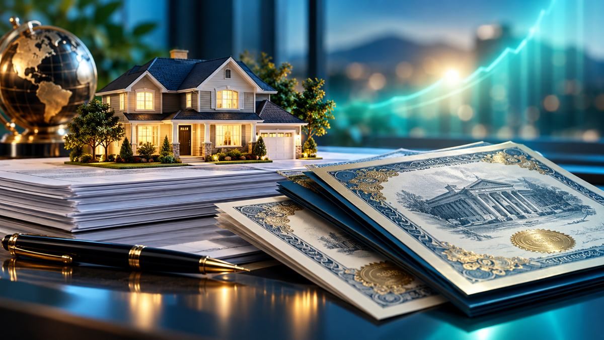 Mortgage documents and a model house under cool teal light