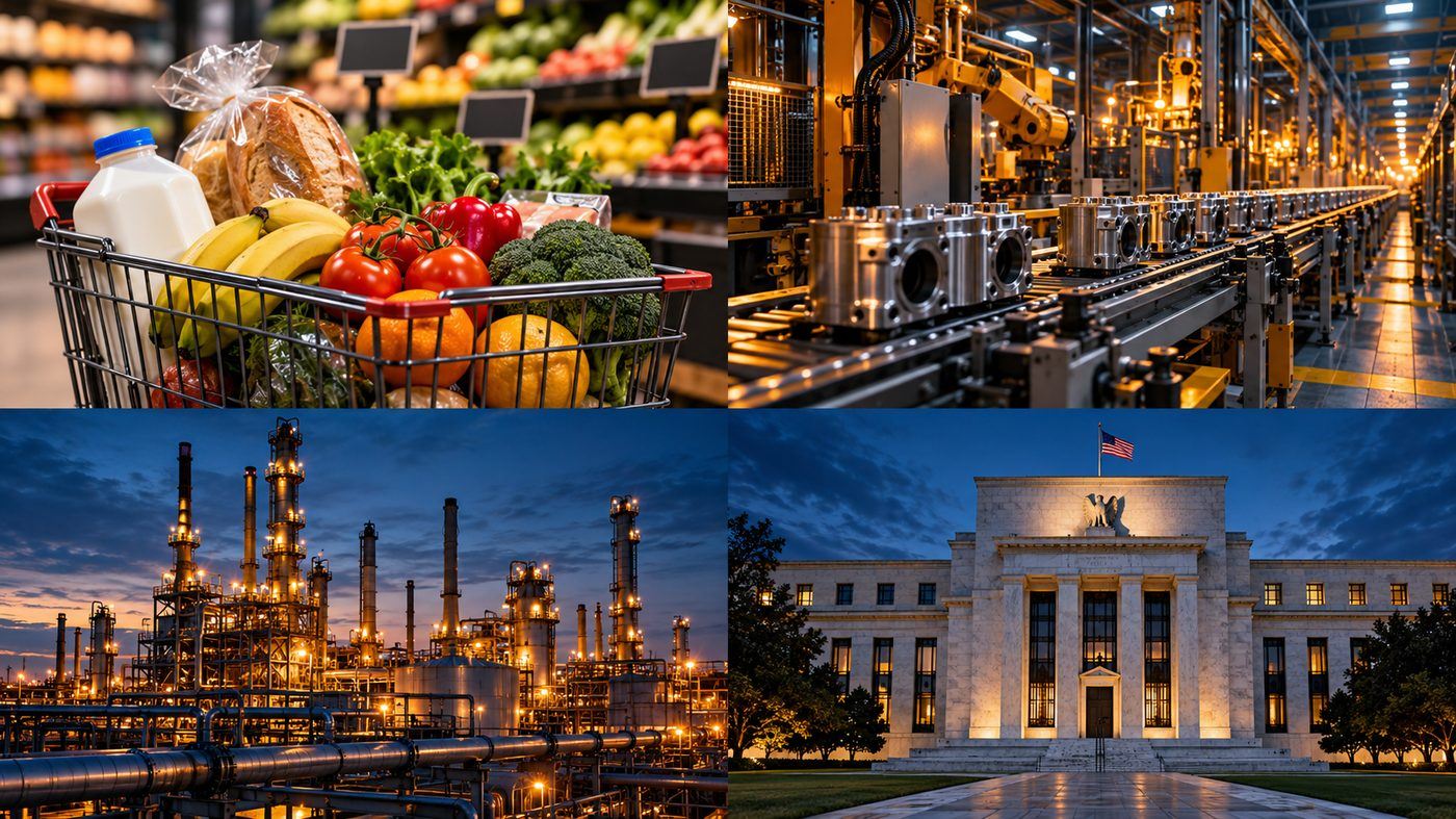 Inflation news montage: groceries, factory production, oil refinery and Federal Reserve building