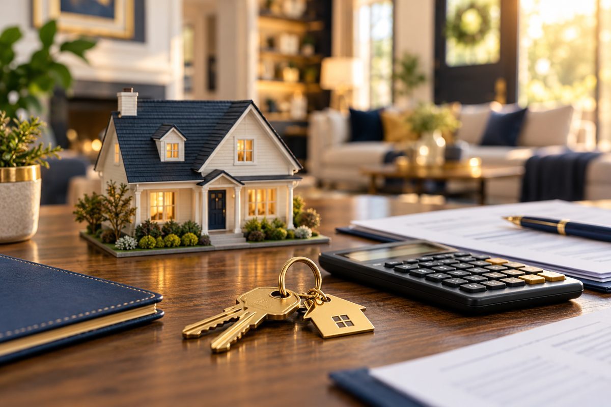 House keys, a calculator and a model home illustrate mortgage payment planning.