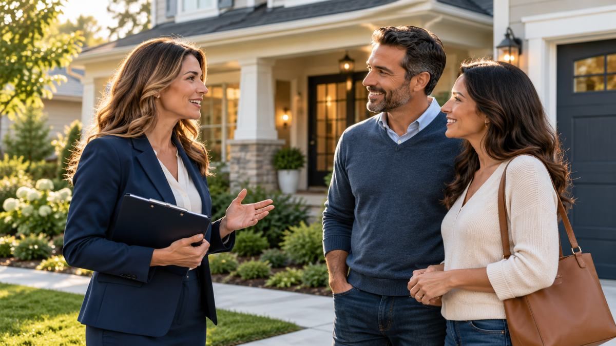 Realtor talking with buyers outside a home