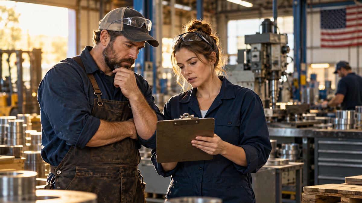 Workers reviewing a clipboard in a workshop