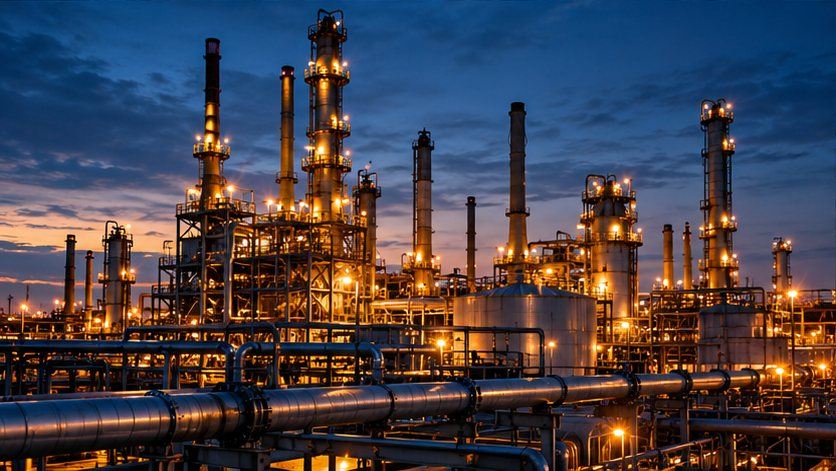 Illustrative oil refinery towers at blue hour