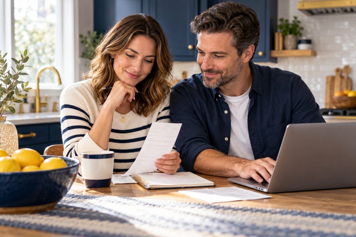 A couple reviews household spending together, illustrating consumer confidence.