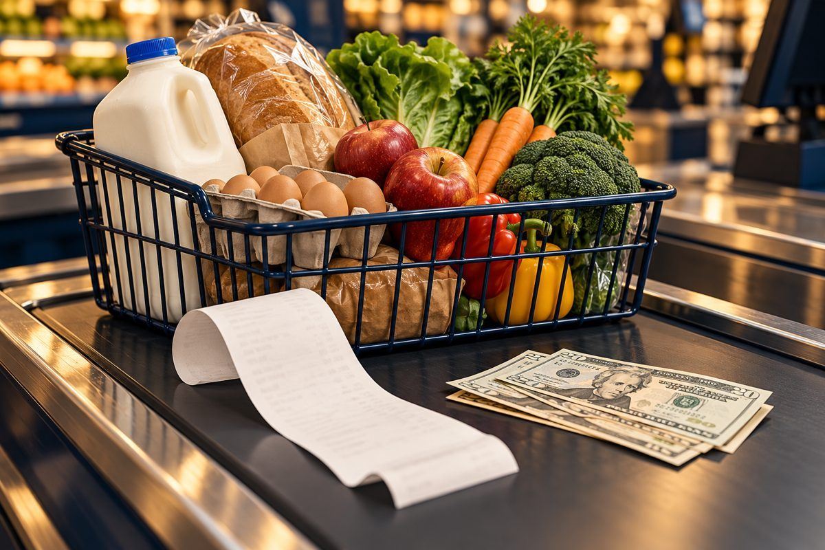 Grocery cart and receipt representing household prices