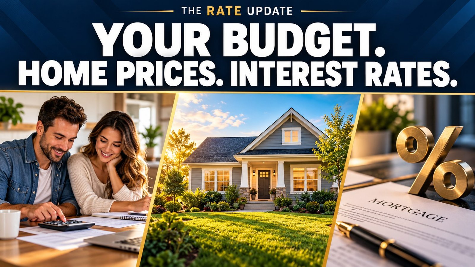 First-time buyers reviewing their budget, a starter home and mortgage interest-rate imagery