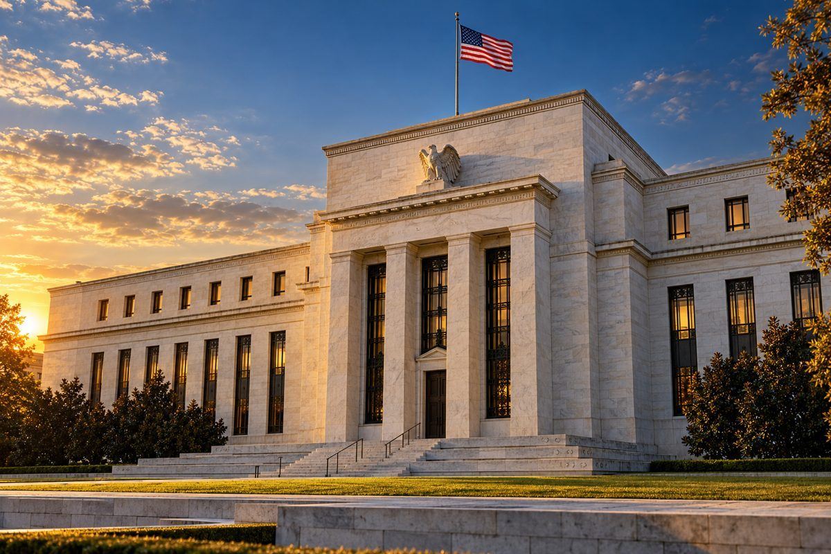 Illustration of the Federal Reserve Eccles building and American flag.