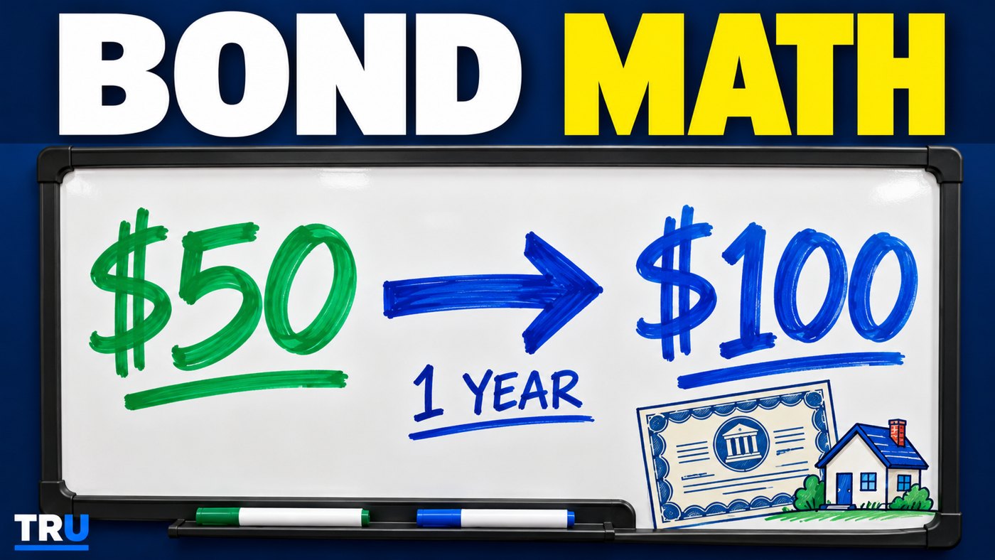 Bond math whiteboard: pay $50 today, get $100 back in one year