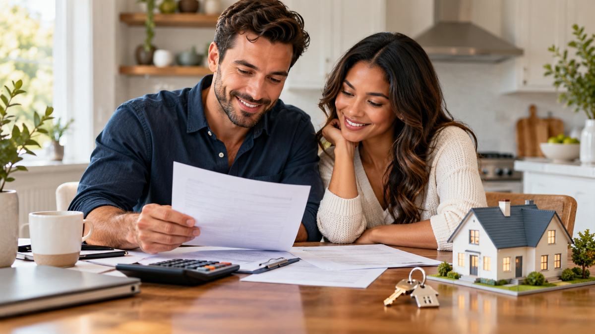 Homebuyers reviewing paperwork and a calculator at a kitchen table