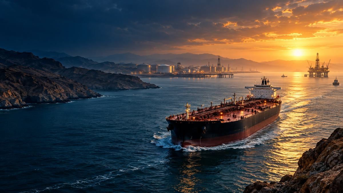 Conceptual illustration of an oil tanker and energy infrastructure at sunrise
