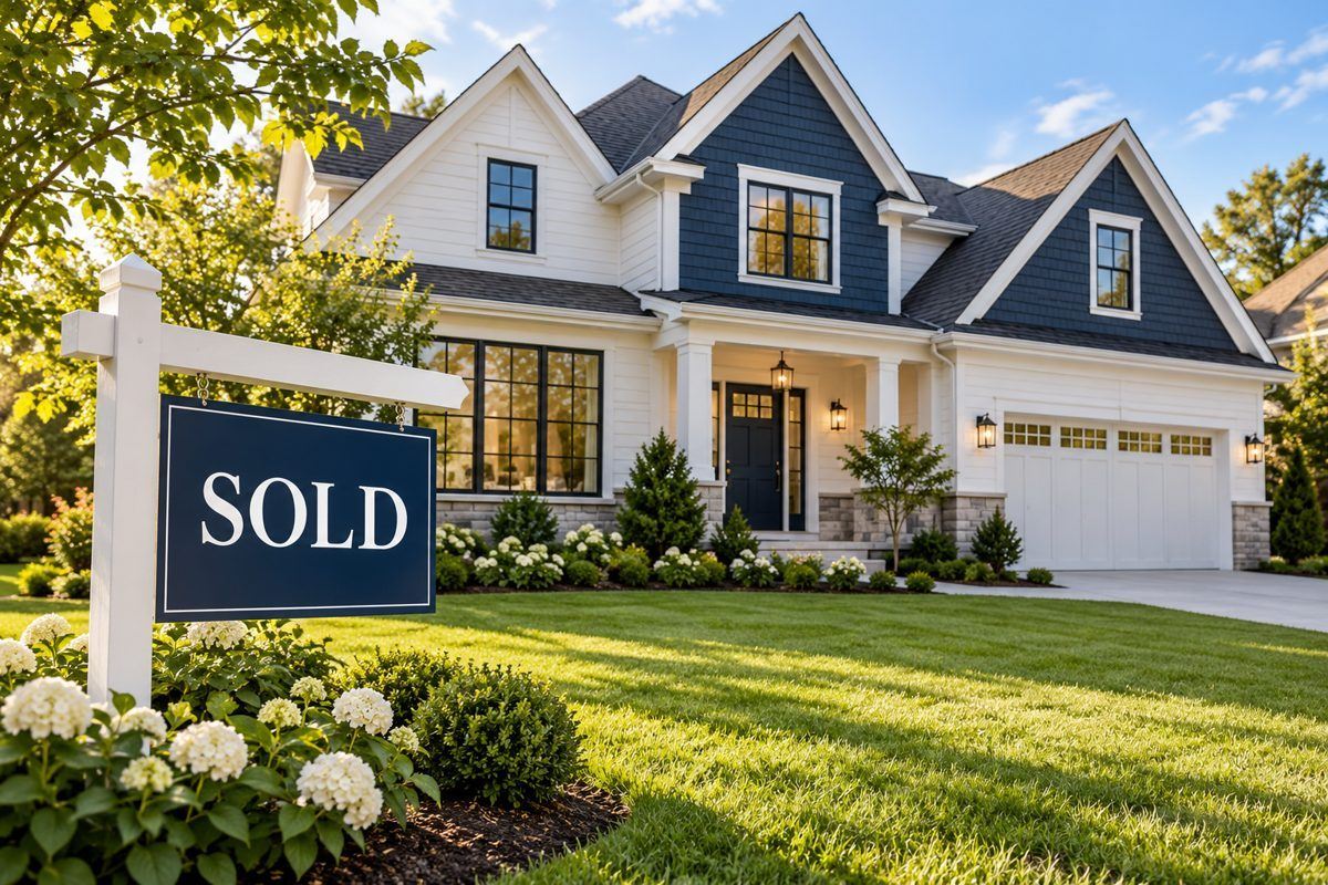 Newly constructed single-family home with a SOLD sign in the front yard.
