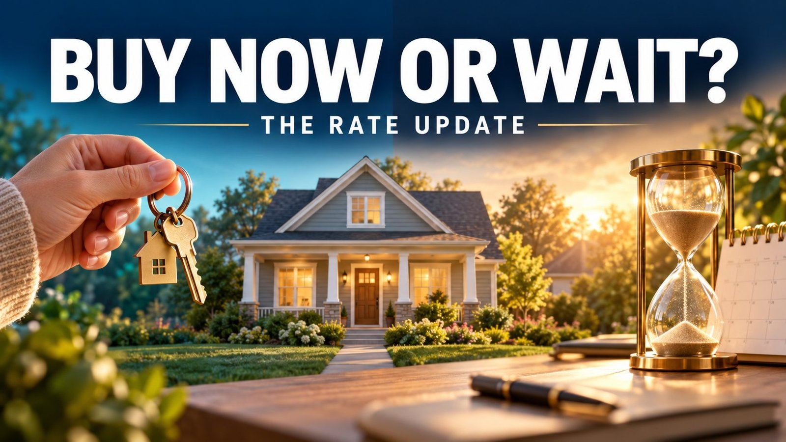 House keys and an hourglass frame the first-time buyer question: buy now or wait?