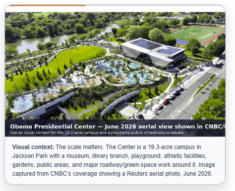 Aerial view of the Obama Presidential Center campus shown in CNBC/Reuters coverage