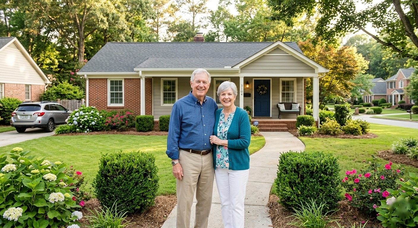 Senior couple smiling in front of their home after getting a reverse mortgage in Alpharetta GA