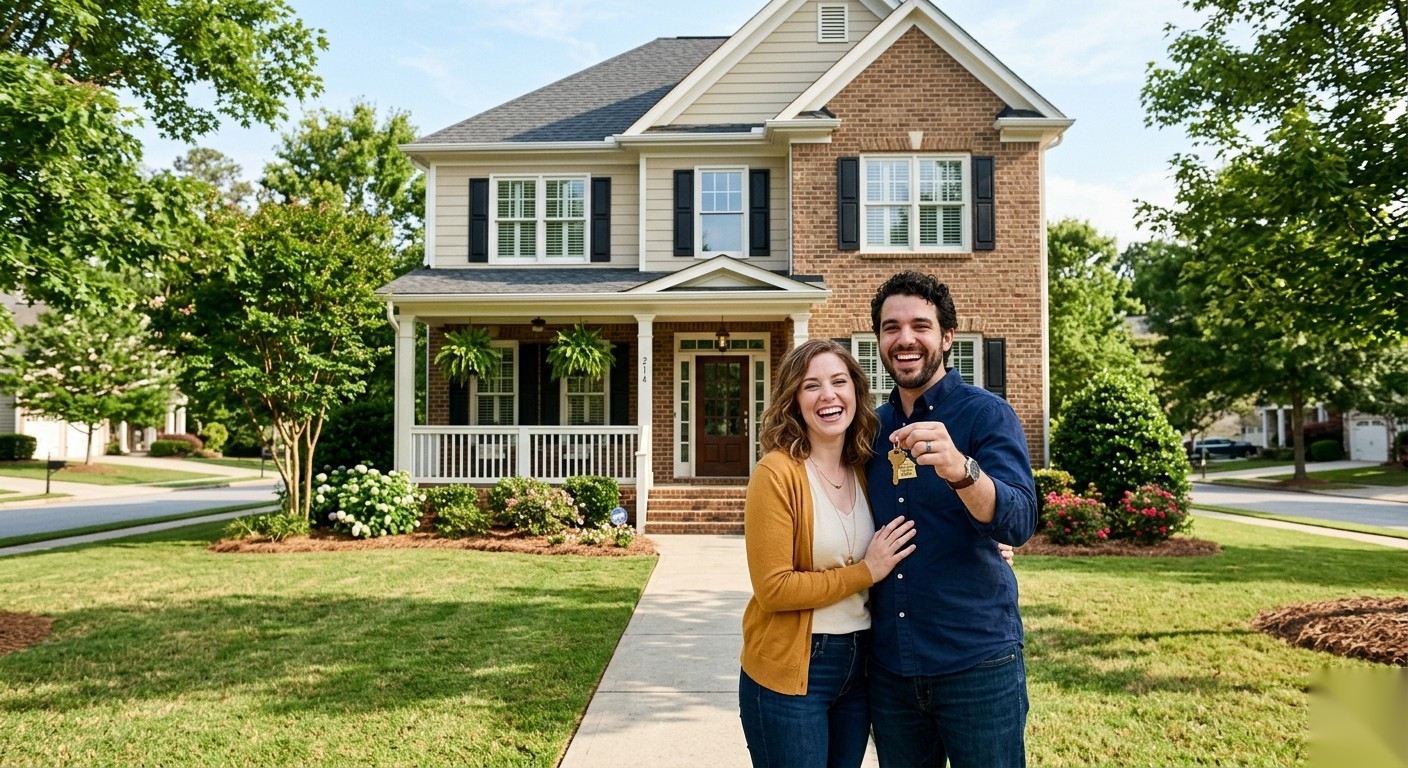 First Time Homebuyer Programs Alpharetta GA Young couple holding keys in front of their new home after getting a first-time homebuyer loan in Alpharetta GA