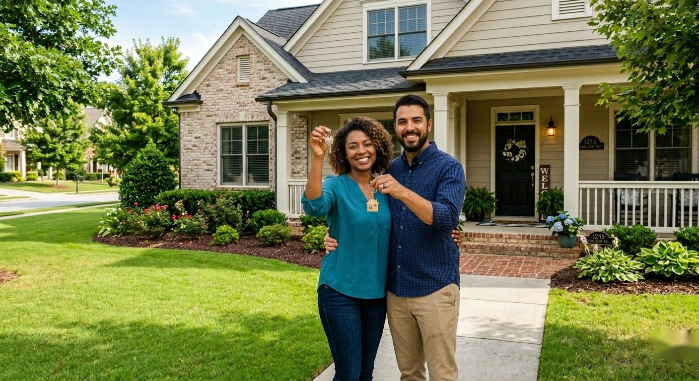 Couple holding keys in front of their new home after getting an FHA loan in Alpharetta GA