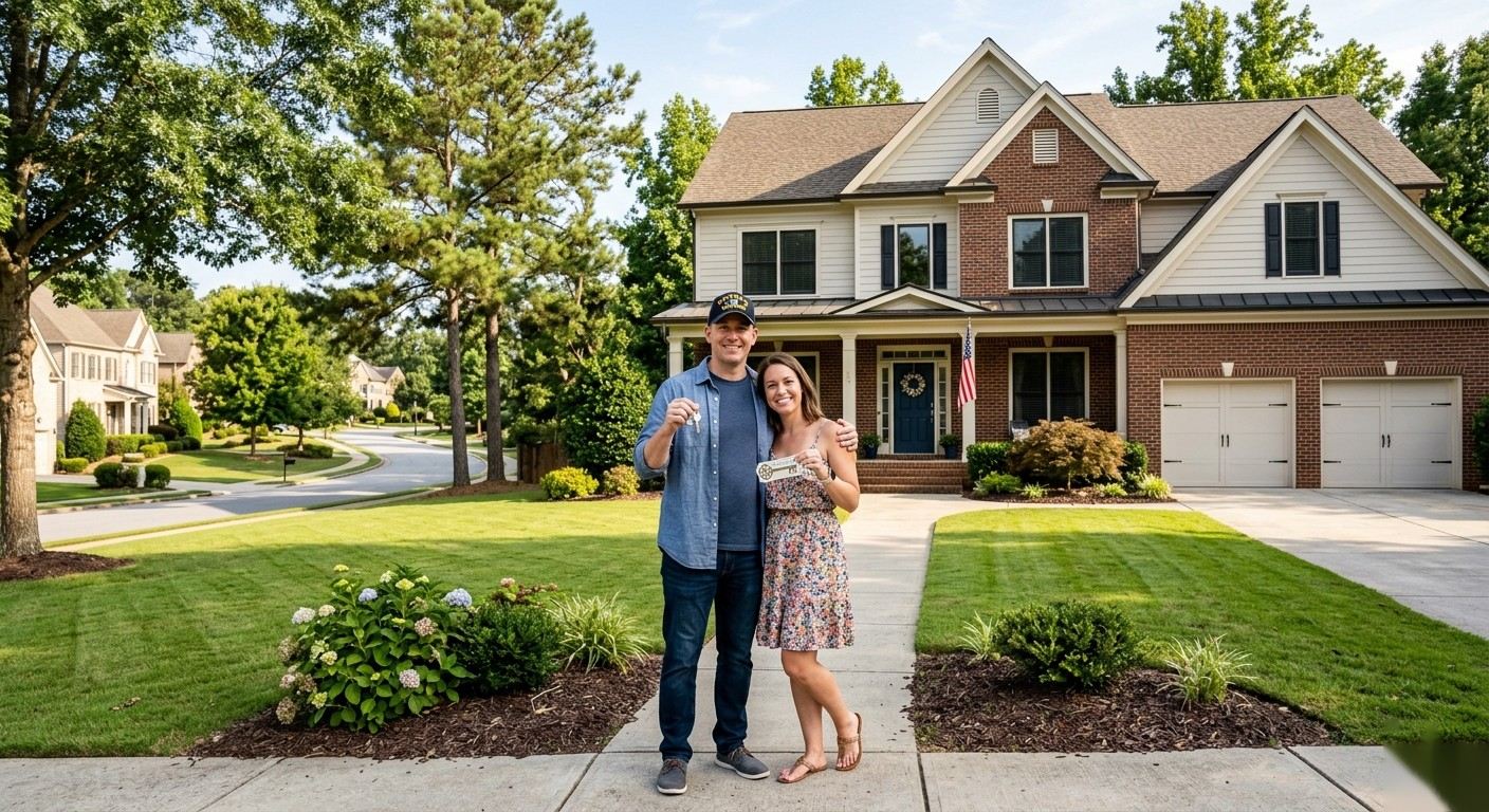VA Home Loan Alpharetta GA Veteran couple holding keys in front of their new home after getting a VA loan in Alpharetta GA