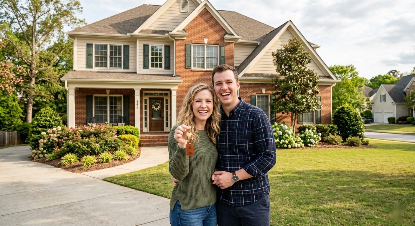Happy couple holding keys in front of their new home after getting a conventional loan in Alpharetta GA