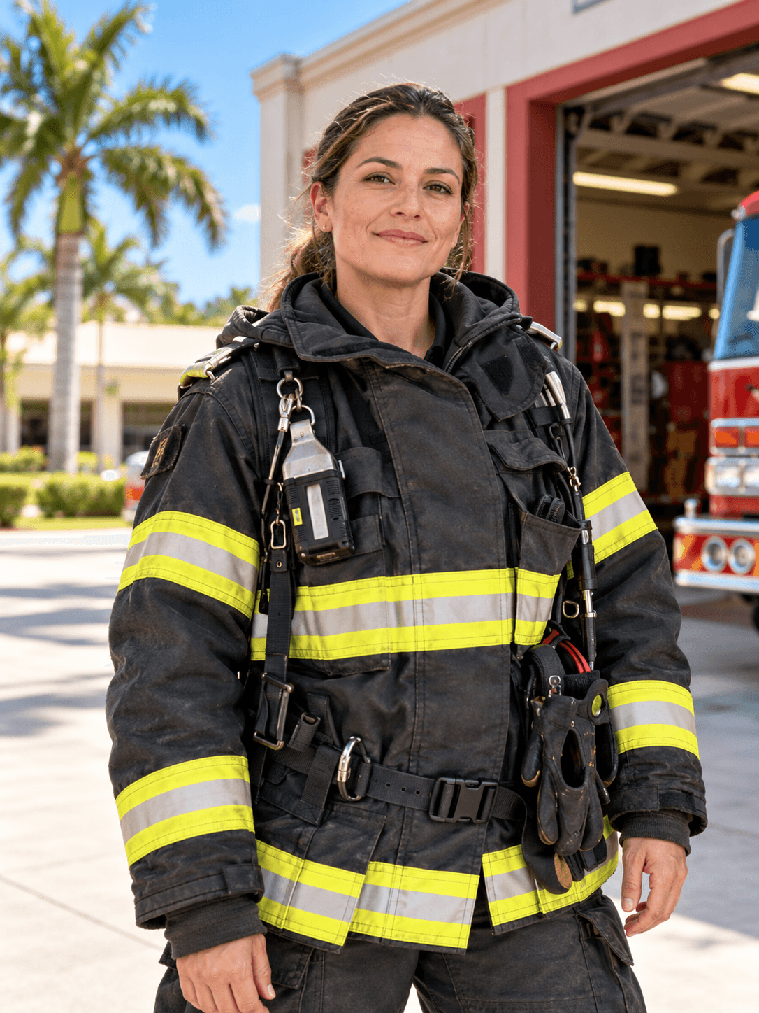 Illustrative AI-generated firefighter outside a fire station