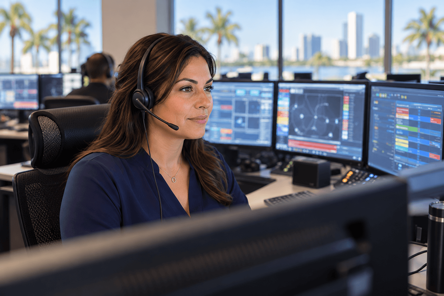 Illustrative AI-generated emergency dispatcher wearing a headset at a workstation