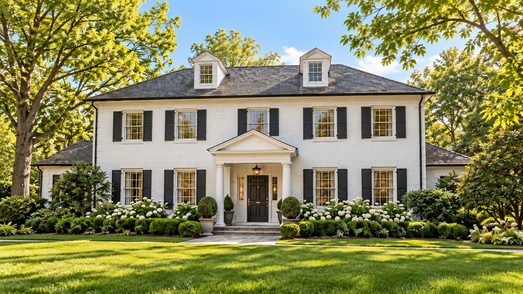 White colonial home with black shutters and landscaped gardens