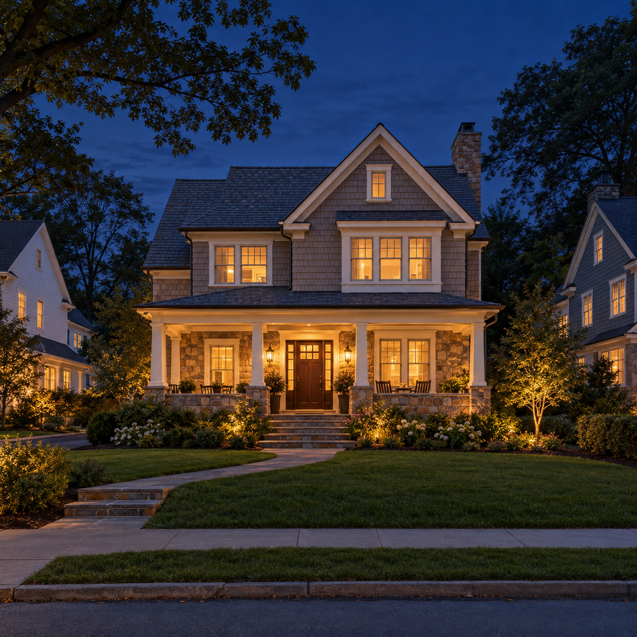 Northeast suburban home with welcoming porch lights at dusk