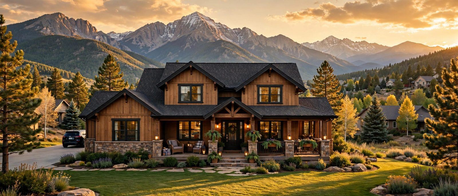 A Colorado home at golden hour with the Rocky Mountains behind it