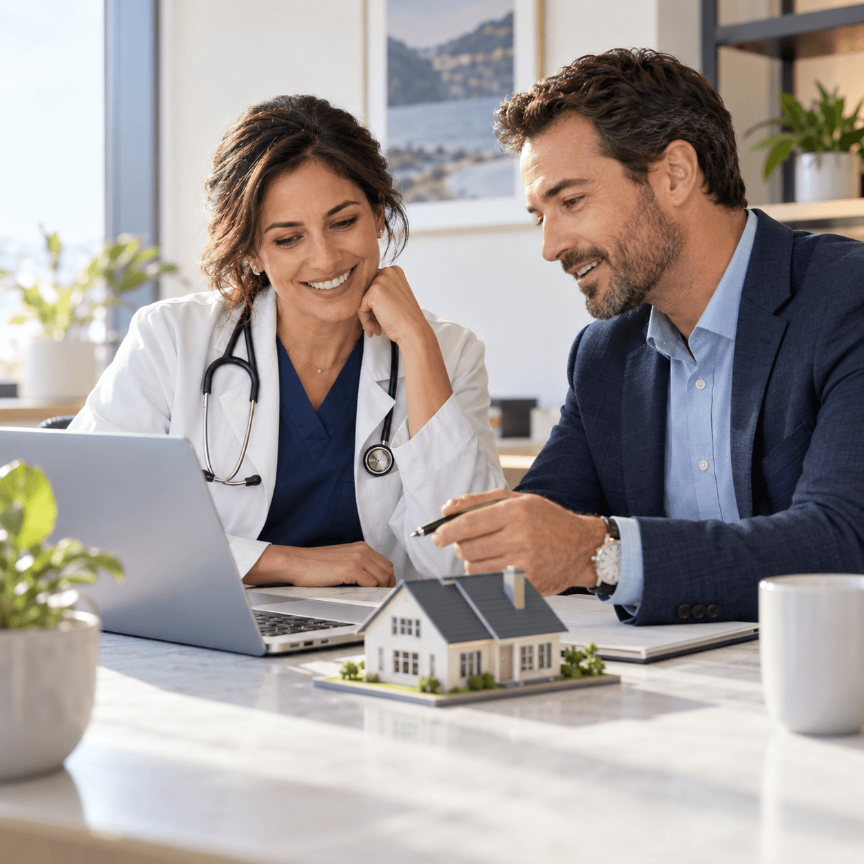 Illustrative photo of a physician discussing home financing with a mortgage adviser