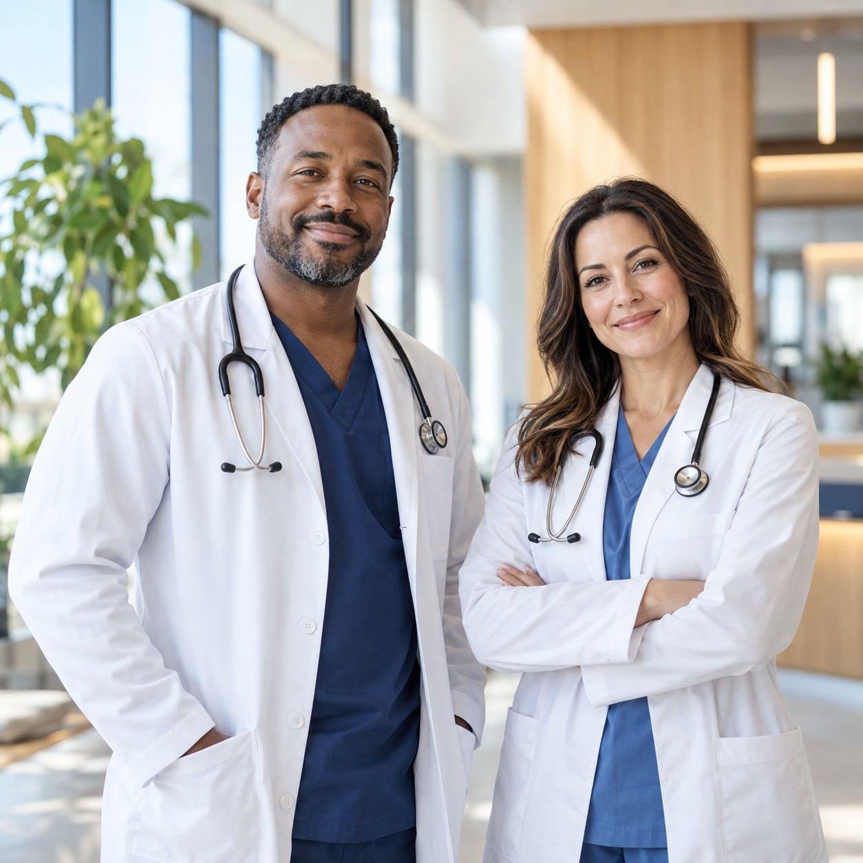 Illustrative image of two medical professionals in a bright clinic