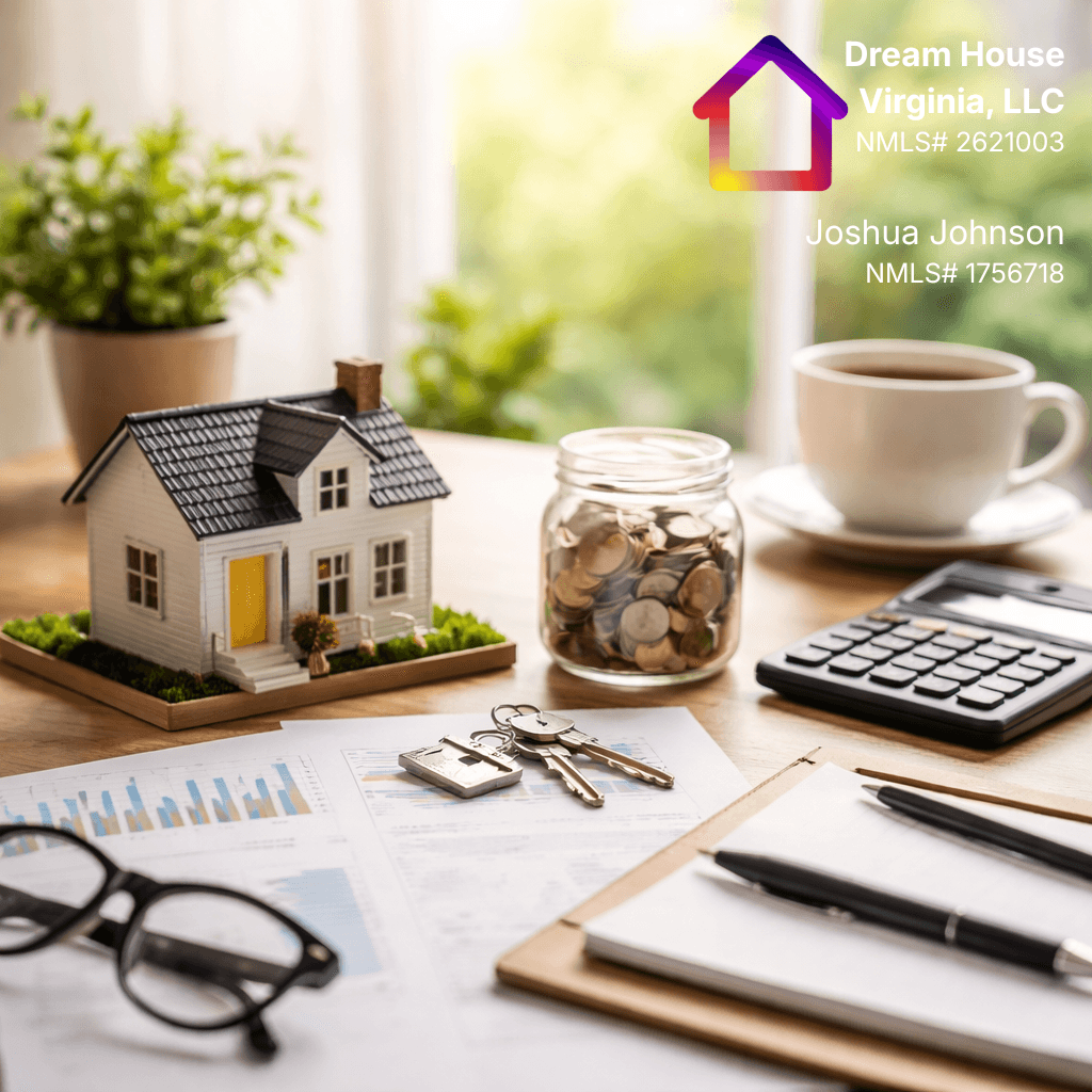Square image of a small model house on a wooden table beside a glass jar of coins, house keys, financial papers, a calculator, eyeglasses, and a coffee cup, with soft natural light coming through a window in the background.
