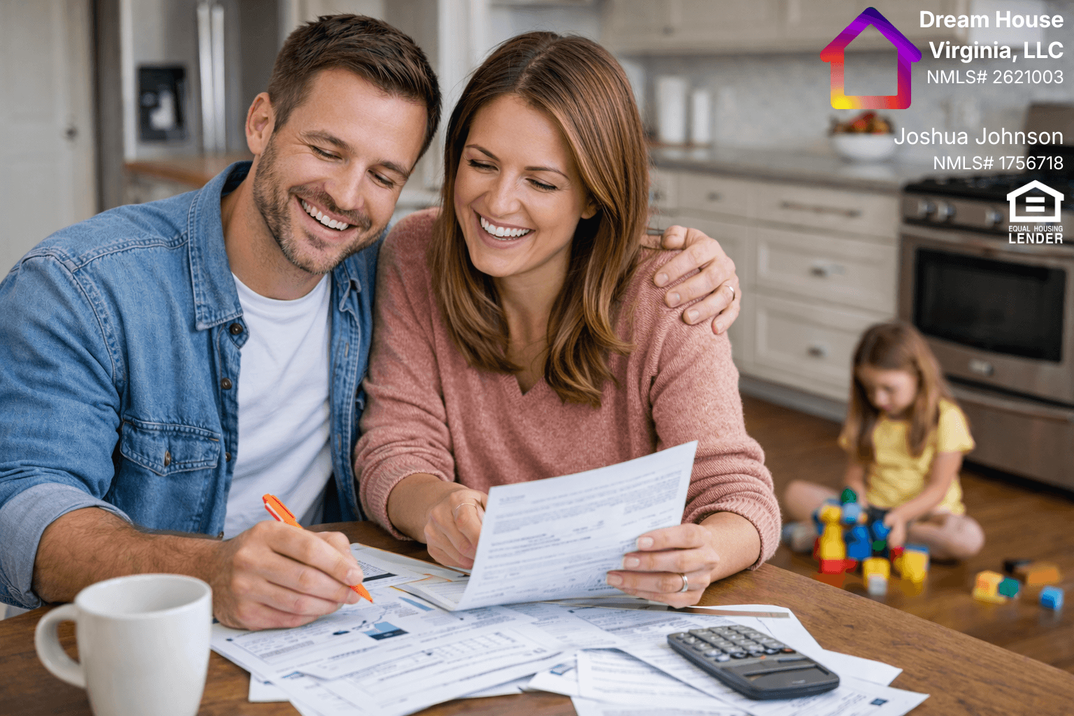 a relieved couple review their finances at a kitchen table with their daughter playing with toys on the kitchen floor blurred in the background