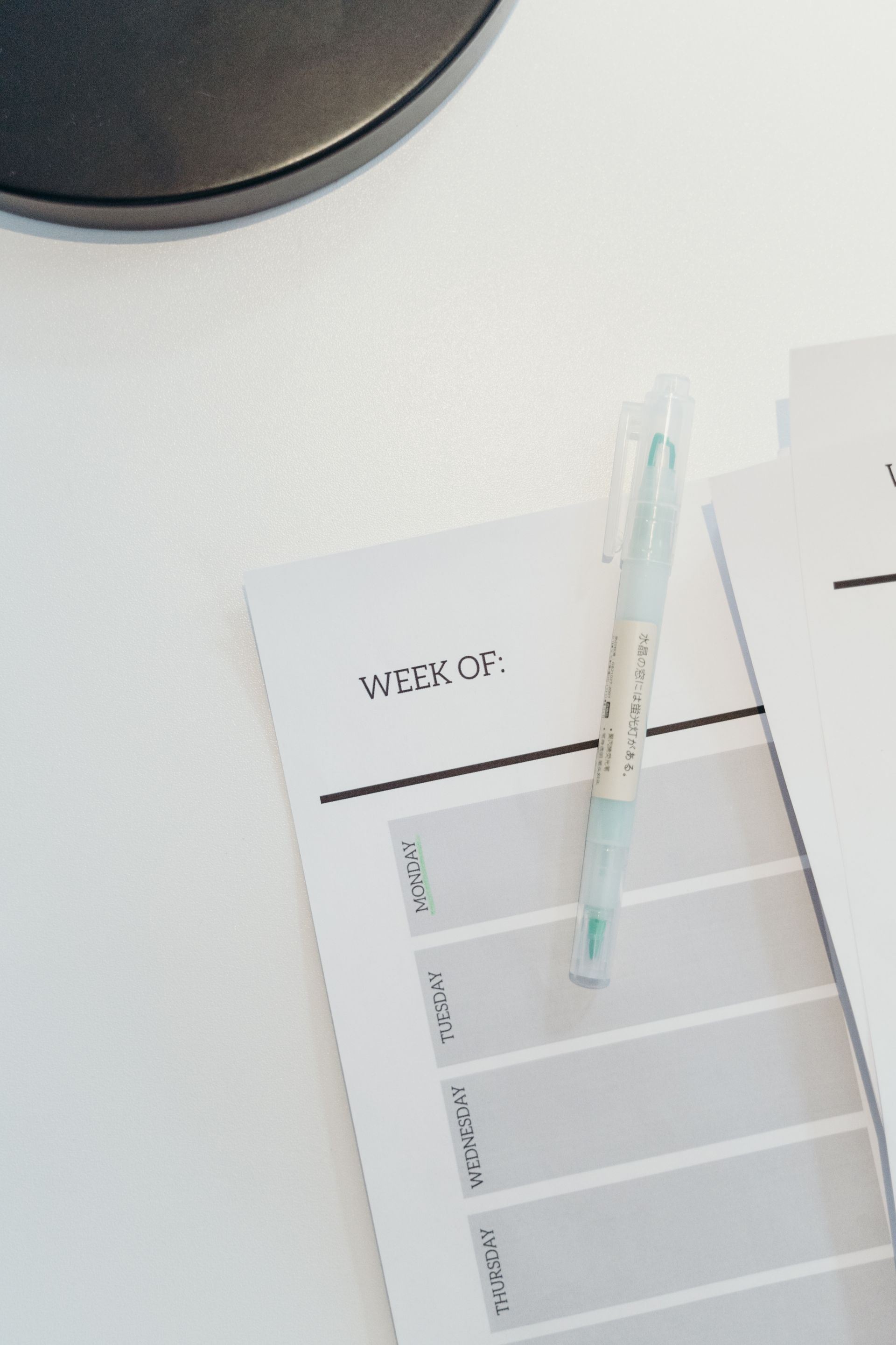 A weekly planner with a pen resting on the page.