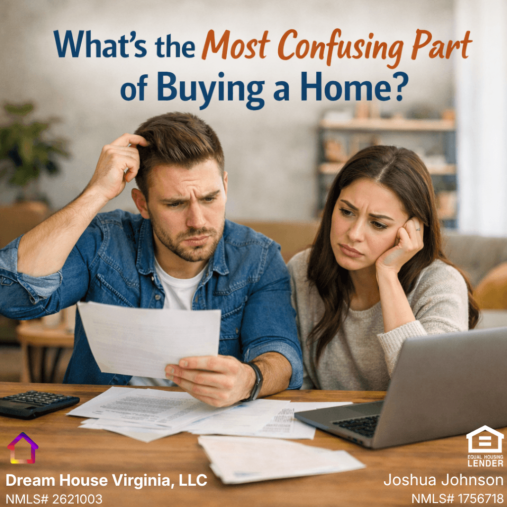 Confused young couple sitting at a table reviewing paperwork, laptop, and calculator while discussing the question “What’s the Most Confusing Part of Buying a Home?” during the homebuying process.