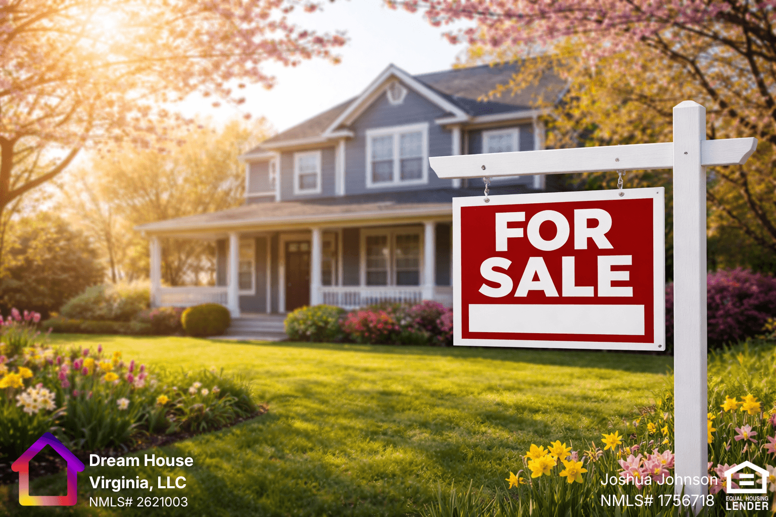 Spring home exterior with real estate sign and blooming yard Sunlit springtime image of a suburban two-story home with a manicured lawn, blooming flowers, and flowering trees, with a real estate yard sign in the foreground.
