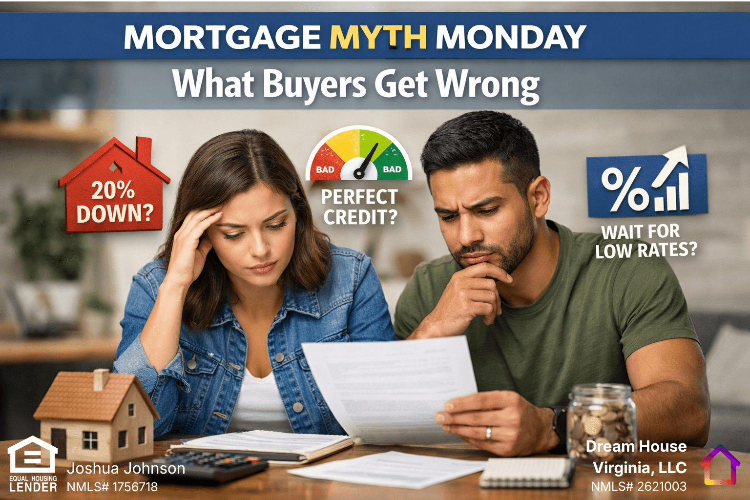 A couple sits at a table reviewing mortgage paperwork with worried expressions, surrounded by homebuying symbols like a small house model, calculator, and jar of coins. Bold text reads “Mortgage Myth Monday: What Buyers Get Wrong,” with graphics highlighting common misconceptions such as needing 20% down, perfect credit, or lower rates before buying.