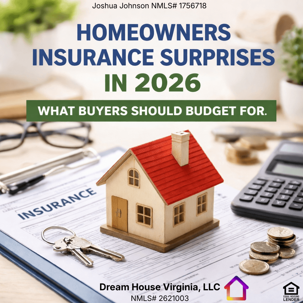 Small wooden model house sitting on an insurance document labeled “INSURANCE,” with house keys, coins, and a calculator on a desk, illustrating homeowners insurance costs and budgeting for buyers in 2026.