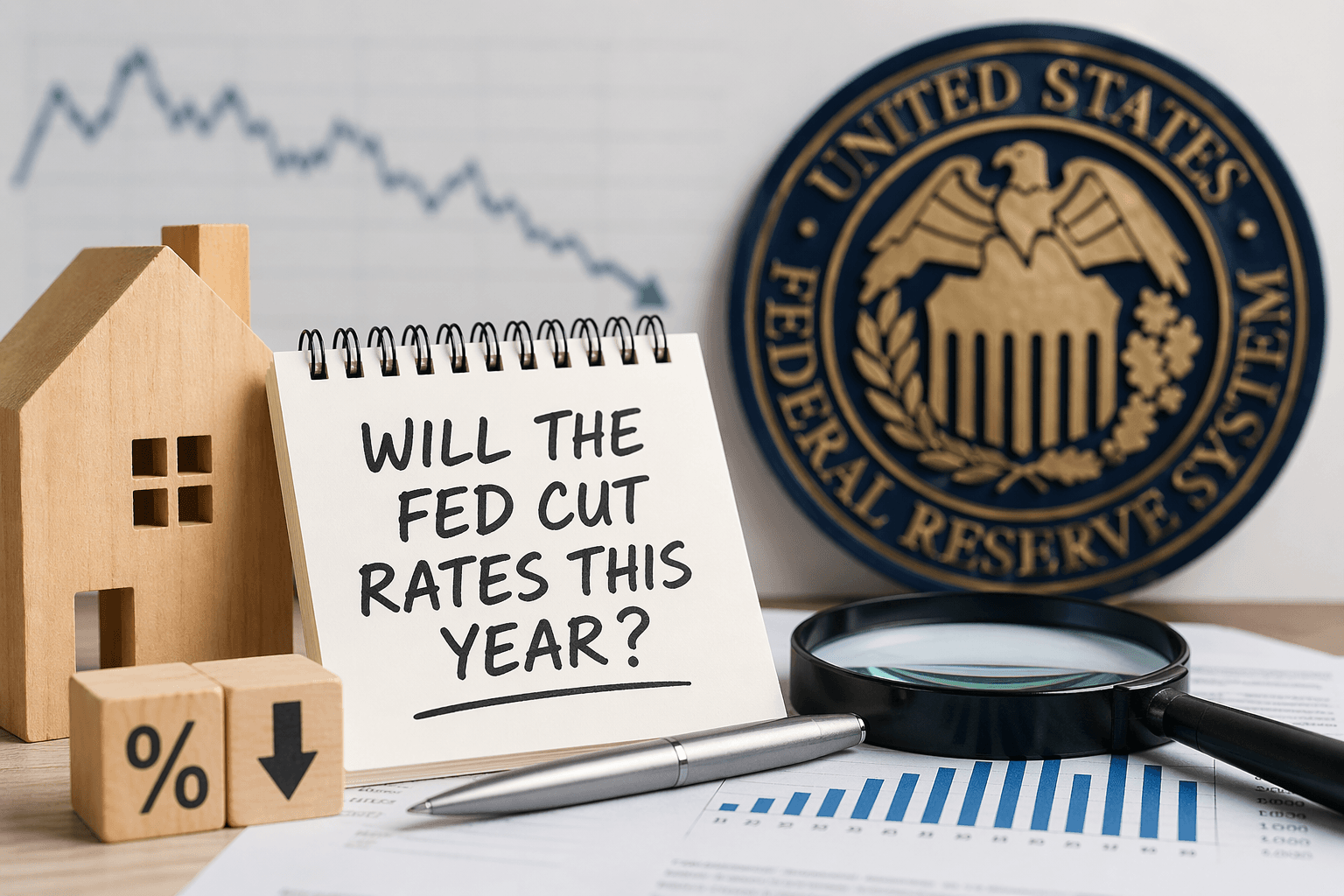 A staged financial still life shows a small wooden house, percentage and downward-arrow blocks, a notepad reading “Will the Fed cut rates this year?”, a magnifying glass, and a pen on top of charts, with a Federal Reserve seal and a downward-trending graph blurred in the background.