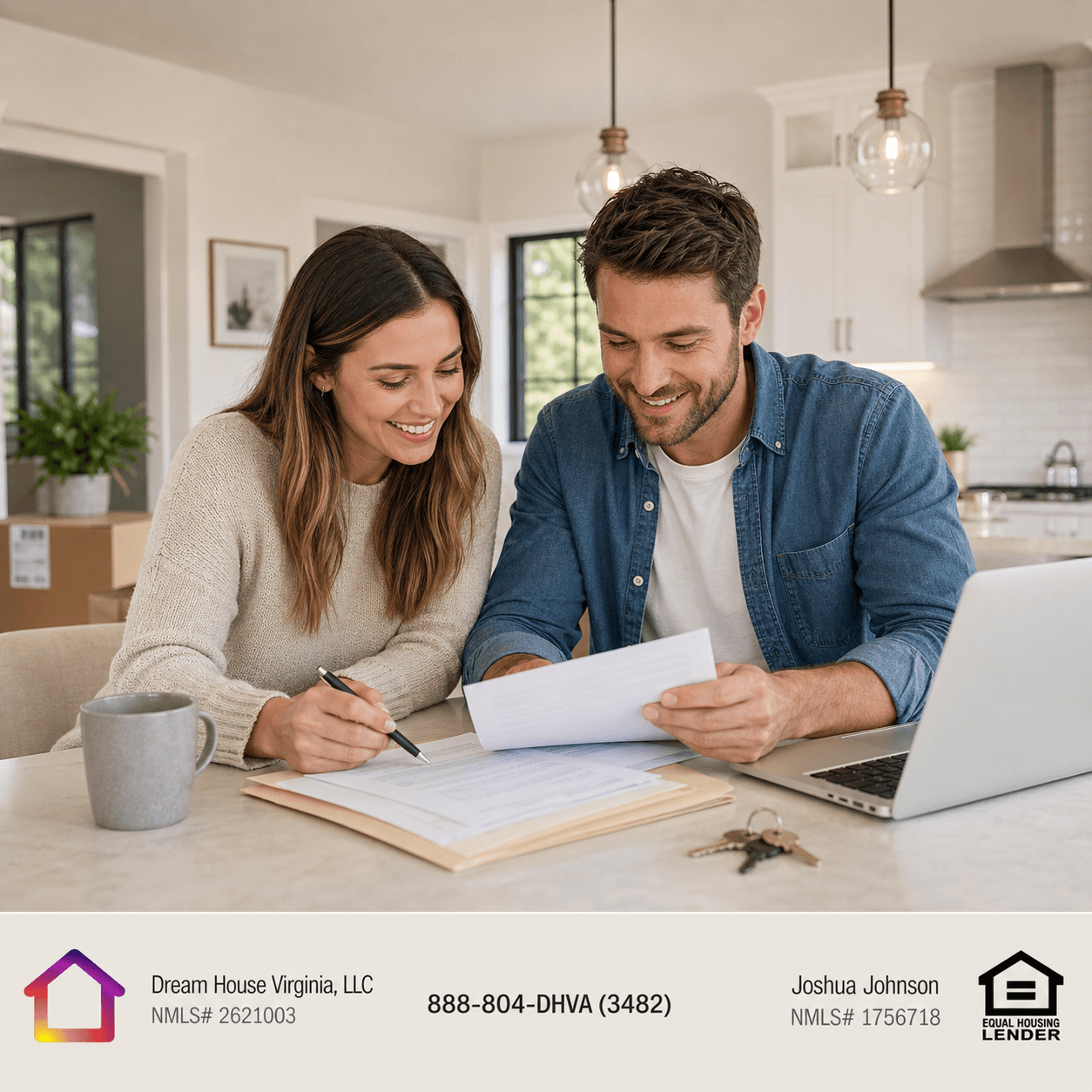 A smiling couple sits at a bright kitchen table reviewing mortgage paperwork with a laptop, coffee mug, and house keys nearby, while a subtle branded footer shows Dream House Virginia, LLC, Joshua Johnson, the Equal Housing Lender logo, and the toll-free phone number.