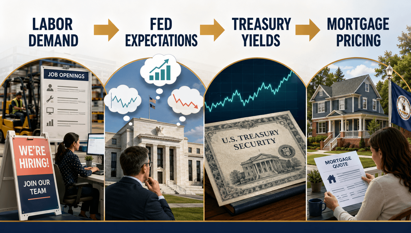 Labor demand affects Federal Reserve expectations, which influence Treasury yields and, in turn, mortgage pricing.