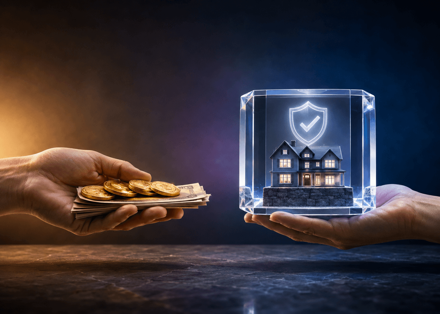 Home Two hands exchange money and gold coins for a crystal-protected home