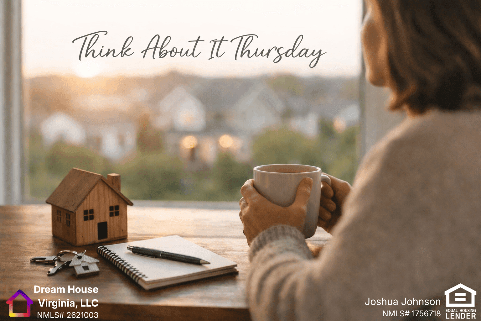 A person sits at a wooden table holding a coffee mug and looking out over a sunlit neighborhood, with a small wooden house, notebook, keys, and the words “Think About It Thursday” written across the sky.
