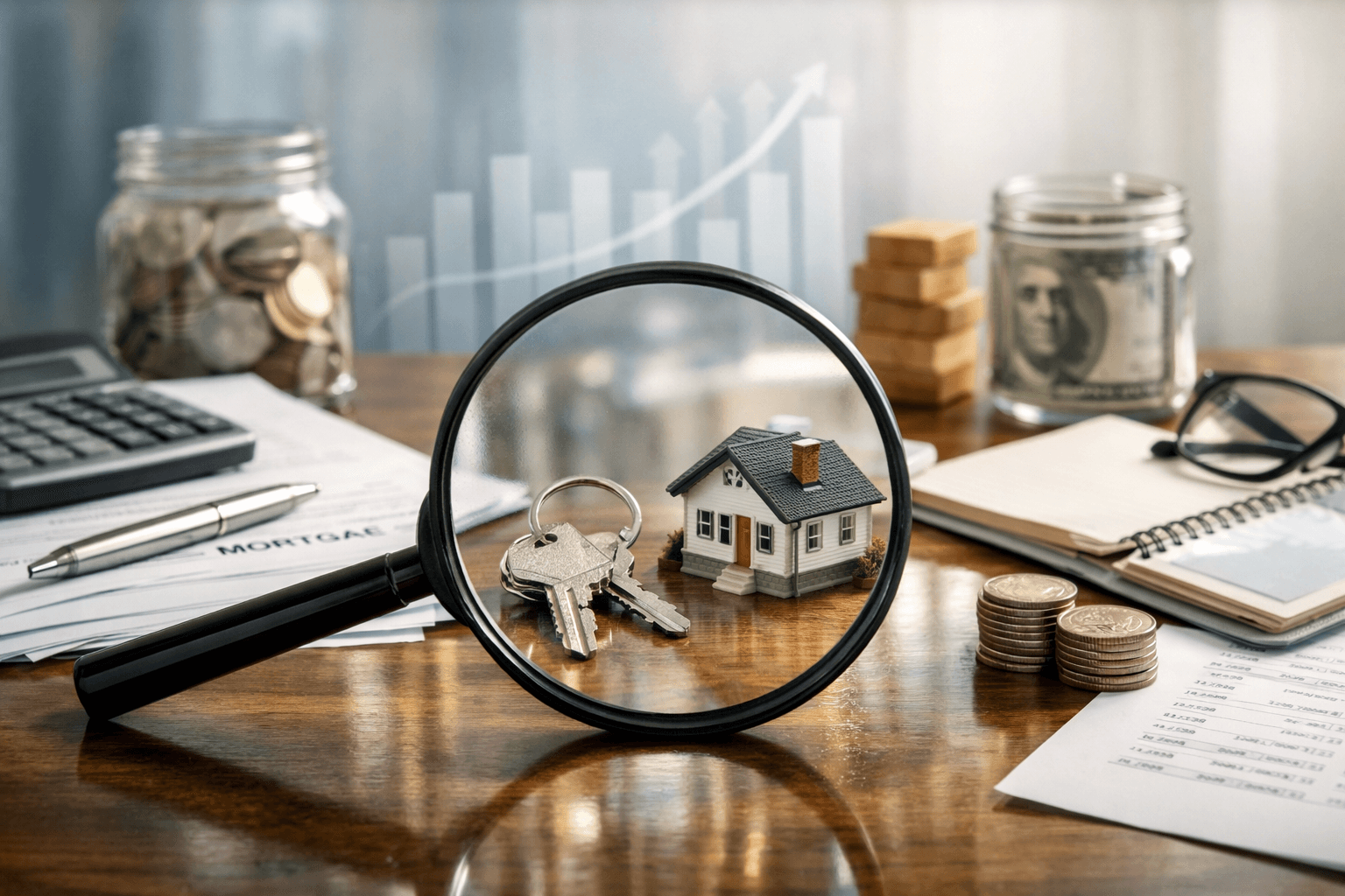 A magnifying glass highlights a small model house and a set of keys on a desk surrounded by mortgage paperwork, a calculator, coins, and a notebook, suggesting clarity and close attention in the home financing process.