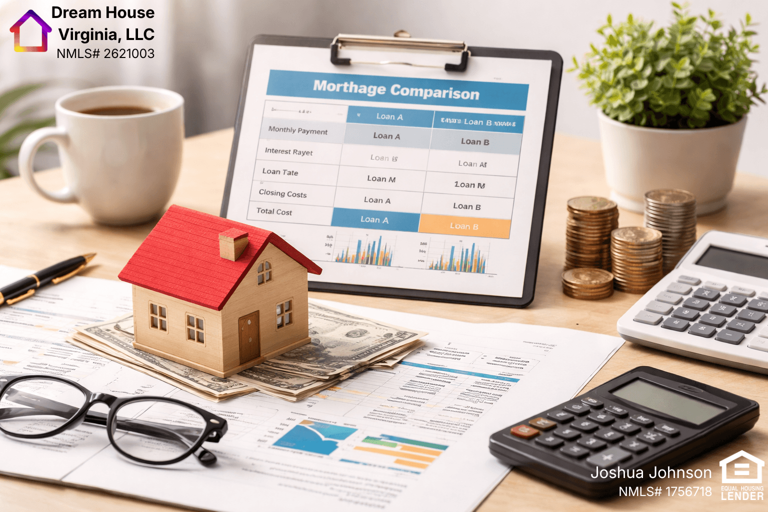 A wooden house model sits on top of cash and loan papers on a desk beside calculators, stacked coins, glasses, a coffee mug, and a tablet displaying a mortgage comparison chart, representing the evaluation of home loan options and long-term costs.